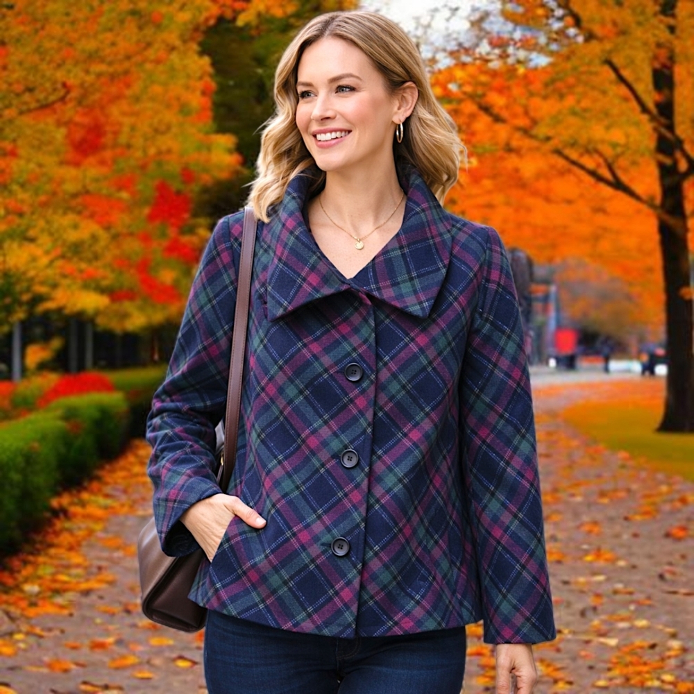 Talbots Plaid Wool Blend Jacket 18W Pea Coat Pocket Swing Lined Oversized Collar - Picture 16 of 16